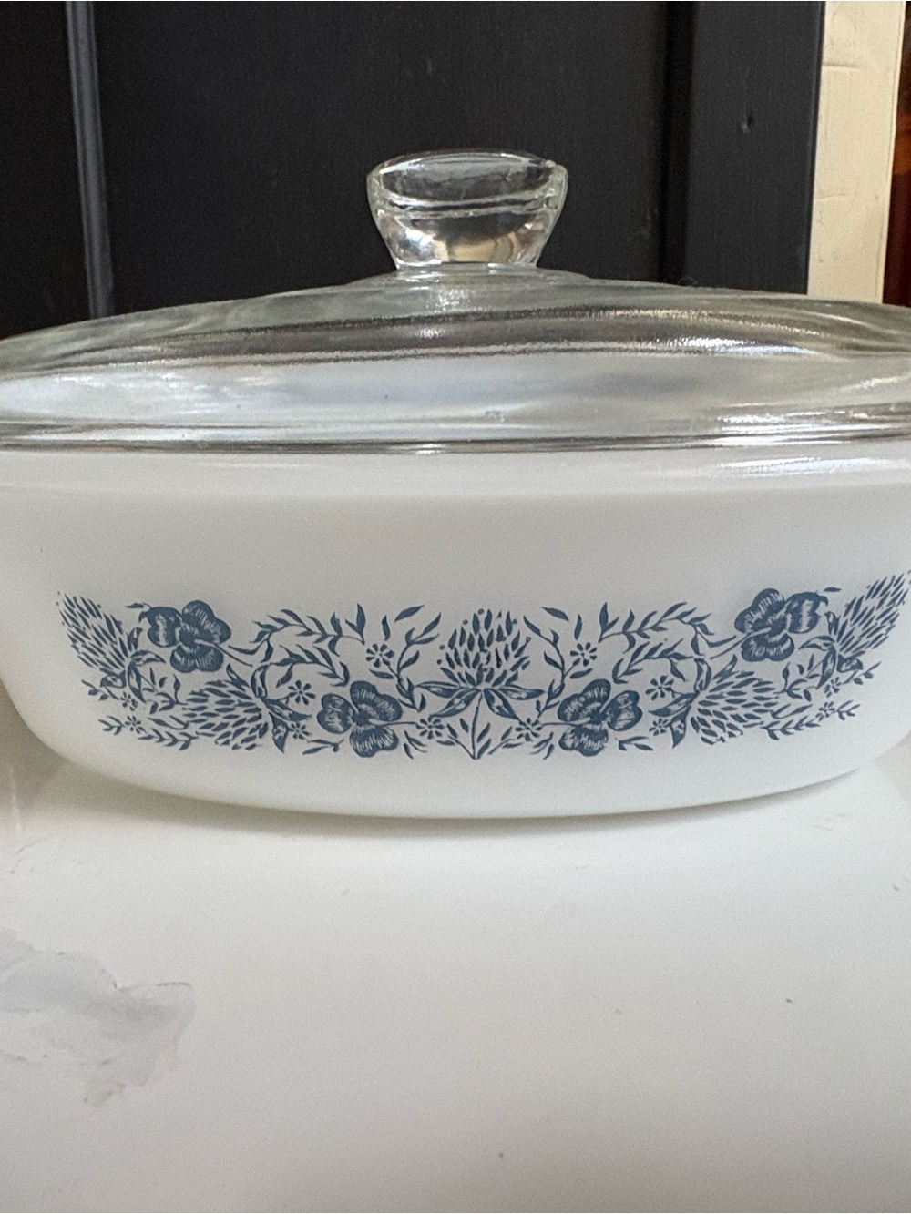 Glasbake Blue Clover Floral Milk Glass Casserole Dish with Glass Lid
